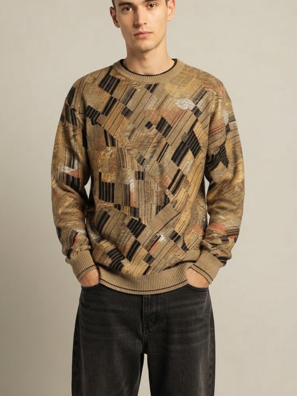Vintage Tundra Canada Geometric Knit Sweater Brown Gold Black Textured L